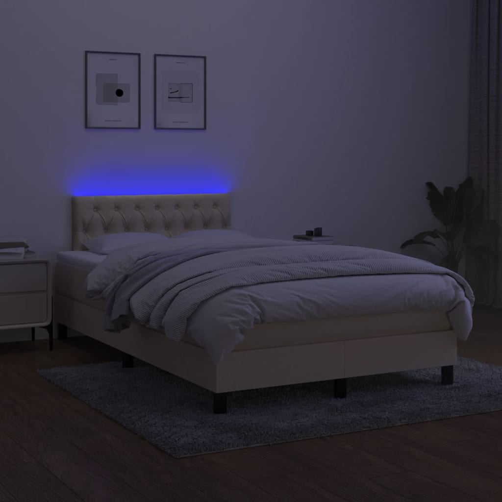 vidaXL Pat cu arcuri, saltea și LED, crem, 120x200 cm, textil