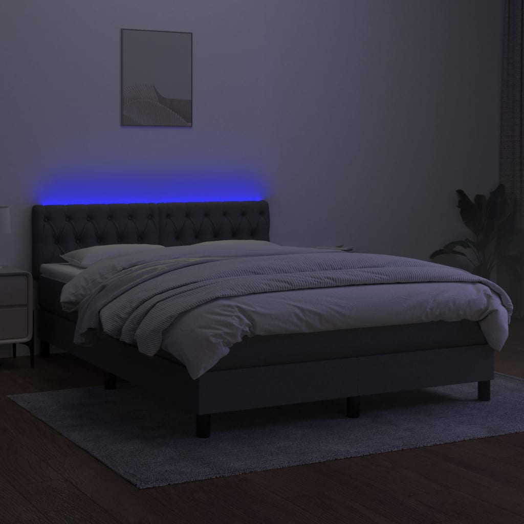 vidaXL Pat cu arcuri, saltea și LED, gri închis, 140x190 cm, textil