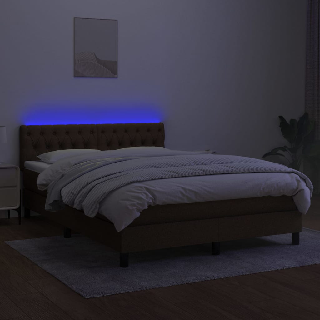 vidaXL Pat cu arcuri, saltea și LED, maro închis, 140x190 cm, textil vidaXL Pat cu arcuri, saltea și LED, maro închis, 140x190 cm, textil