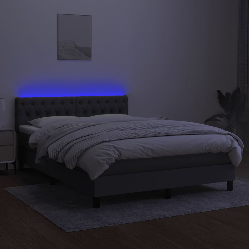 vidaXL Pat cu arcuri, saltea și LED, gri închis, 140x200 cm, textil