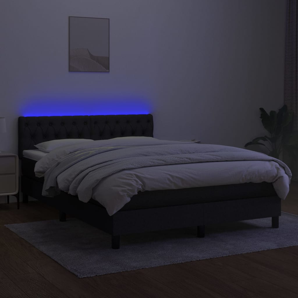 vidaXL Pat cu arcuri, saltea și LED, negru, 140x200 cm, textil
