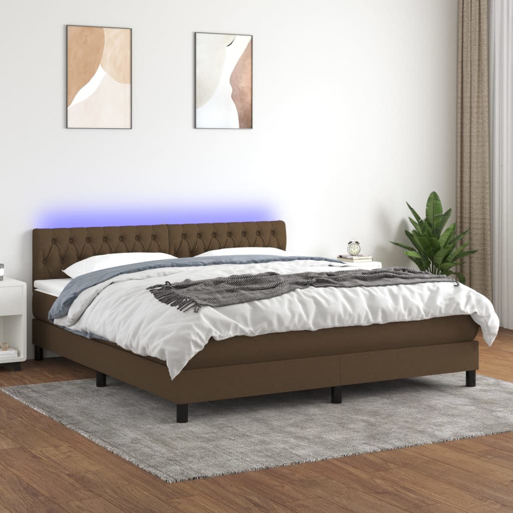 vidaXL Pat cu arcuri, saltea și LED, maro închis, 160x200 cm, textil vidaXL Pat cu arcuri, saltea și LED, maro închis, 160x200 cm, textil