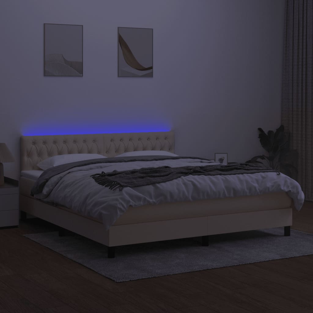 vidaXL Pat cu arcuri, saltea și LED, crem, 160x200 cm, textil
