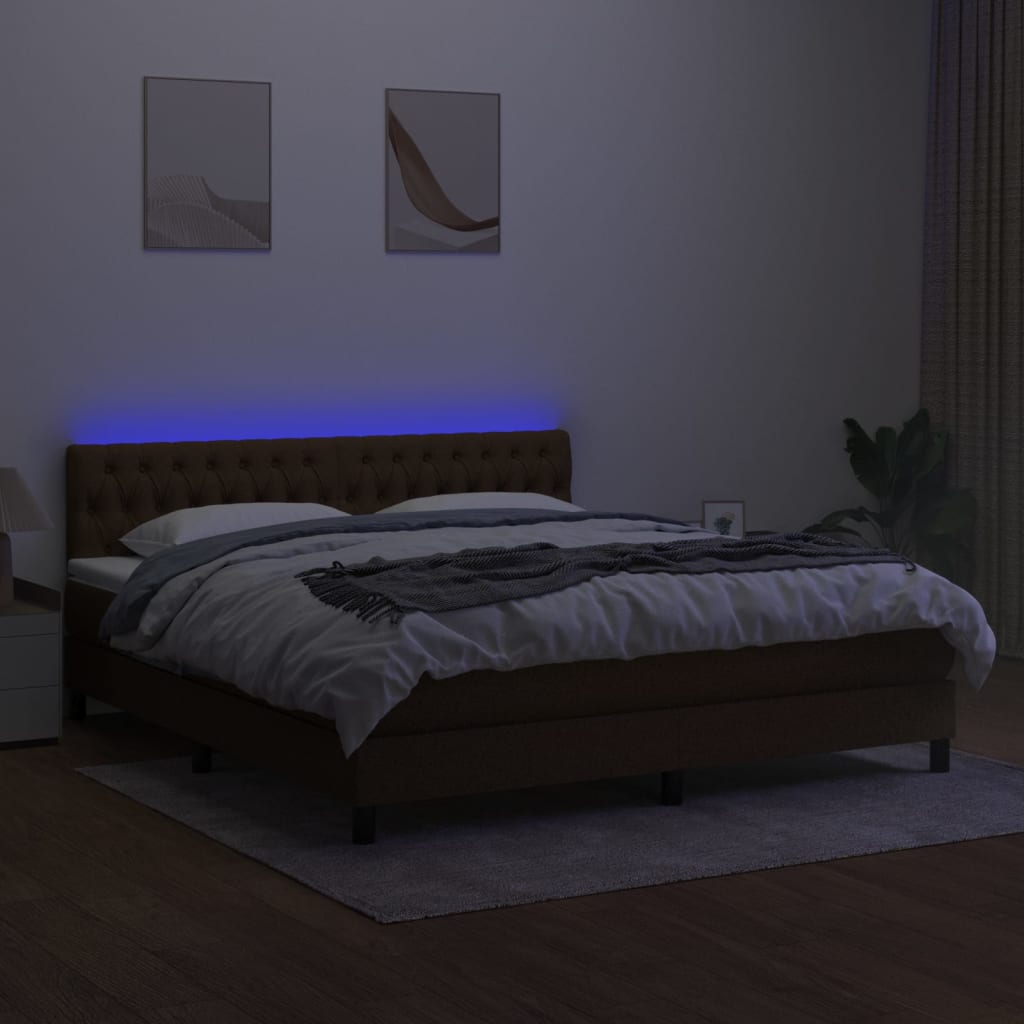 vidaXL Pat cu arcuri, saltea și LED, maro închis, 180x200 cm, textil vidaXL Pat cu arcuri, saltea și LED, maro închis, 180x200 cm, textil
