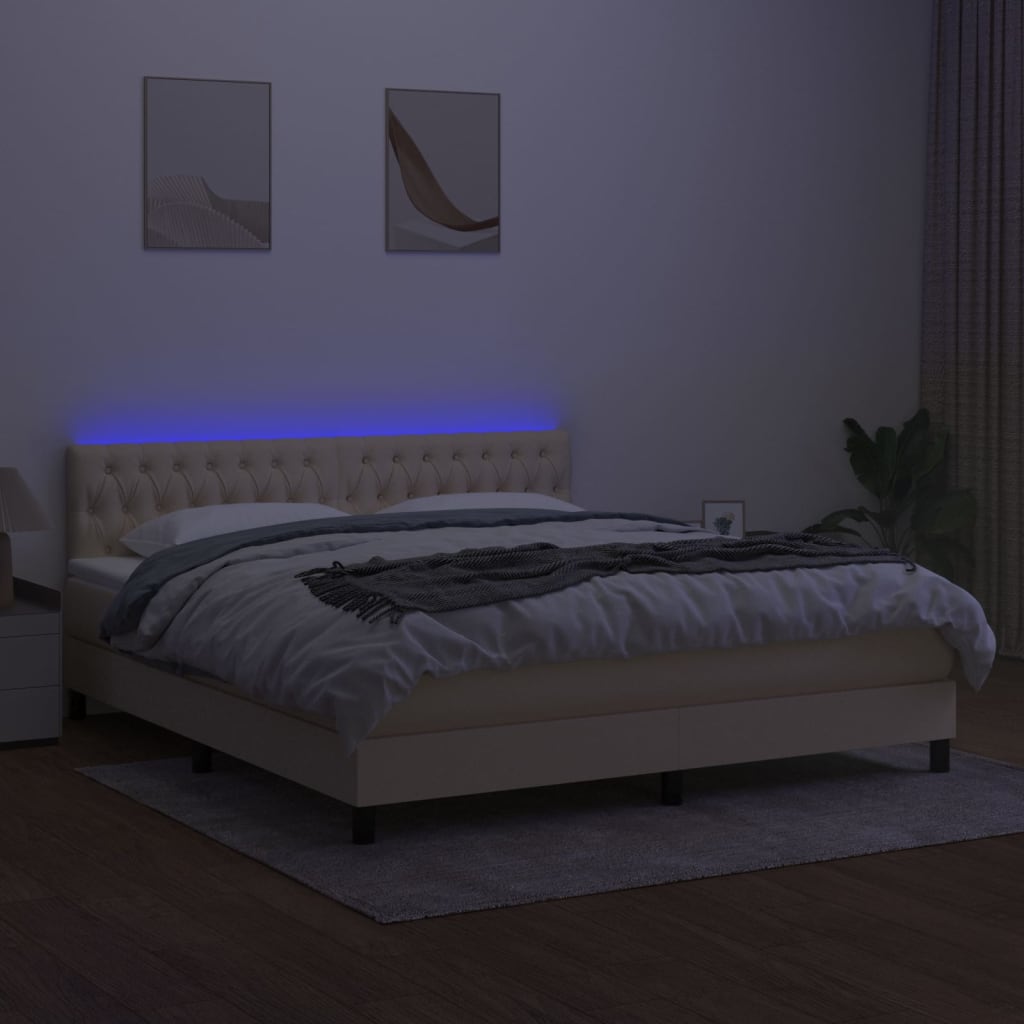 vidaXL Pat cu arcuri, saltea și LED, crem, 180x200 cm, textil