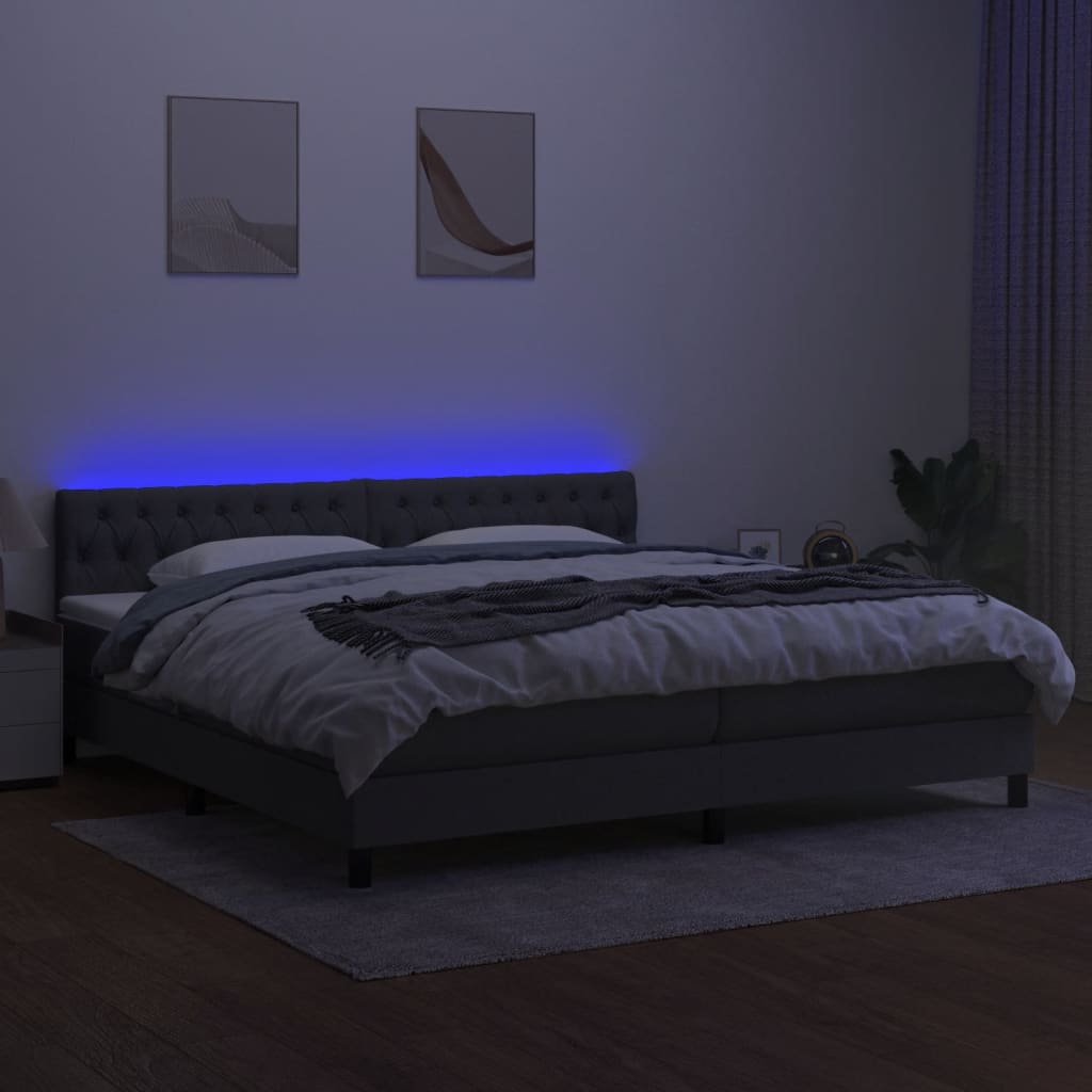 vidaXL Pat cu arcuri, saltea și LED, gri închis, 200x200 cm, textil