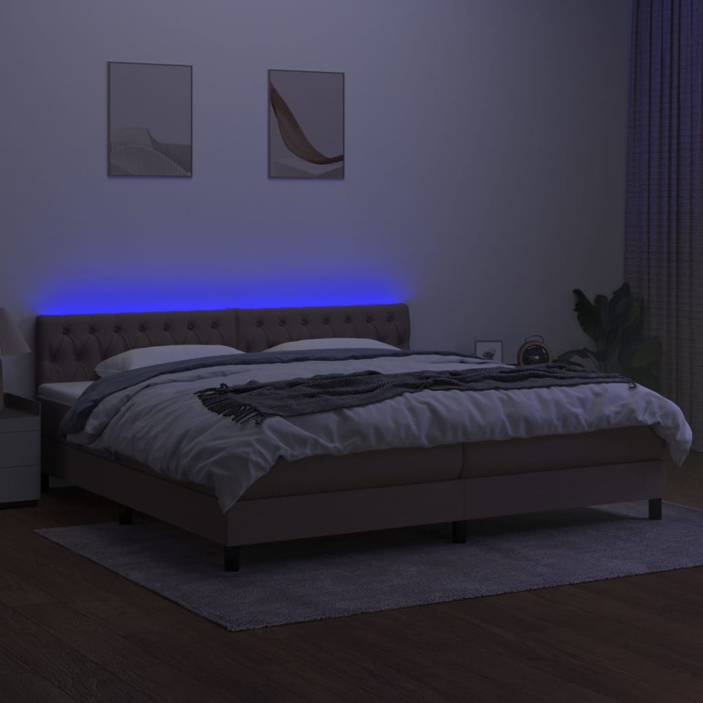 vidaXL Pat cu arcuri, saltea și LED, gri taupe, 200x200 cm, textil