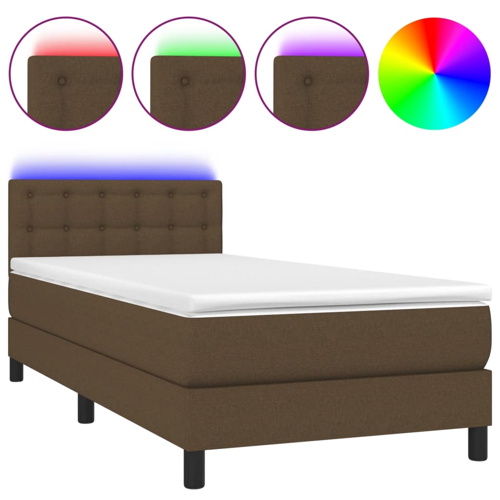 vidaXL Pat cu arcuri, saltea și LED, maro închis, 80x200 cm, textil vidaXL Pat cu arcuri, saltea și LED, maro închis, 80x200 cm, textil