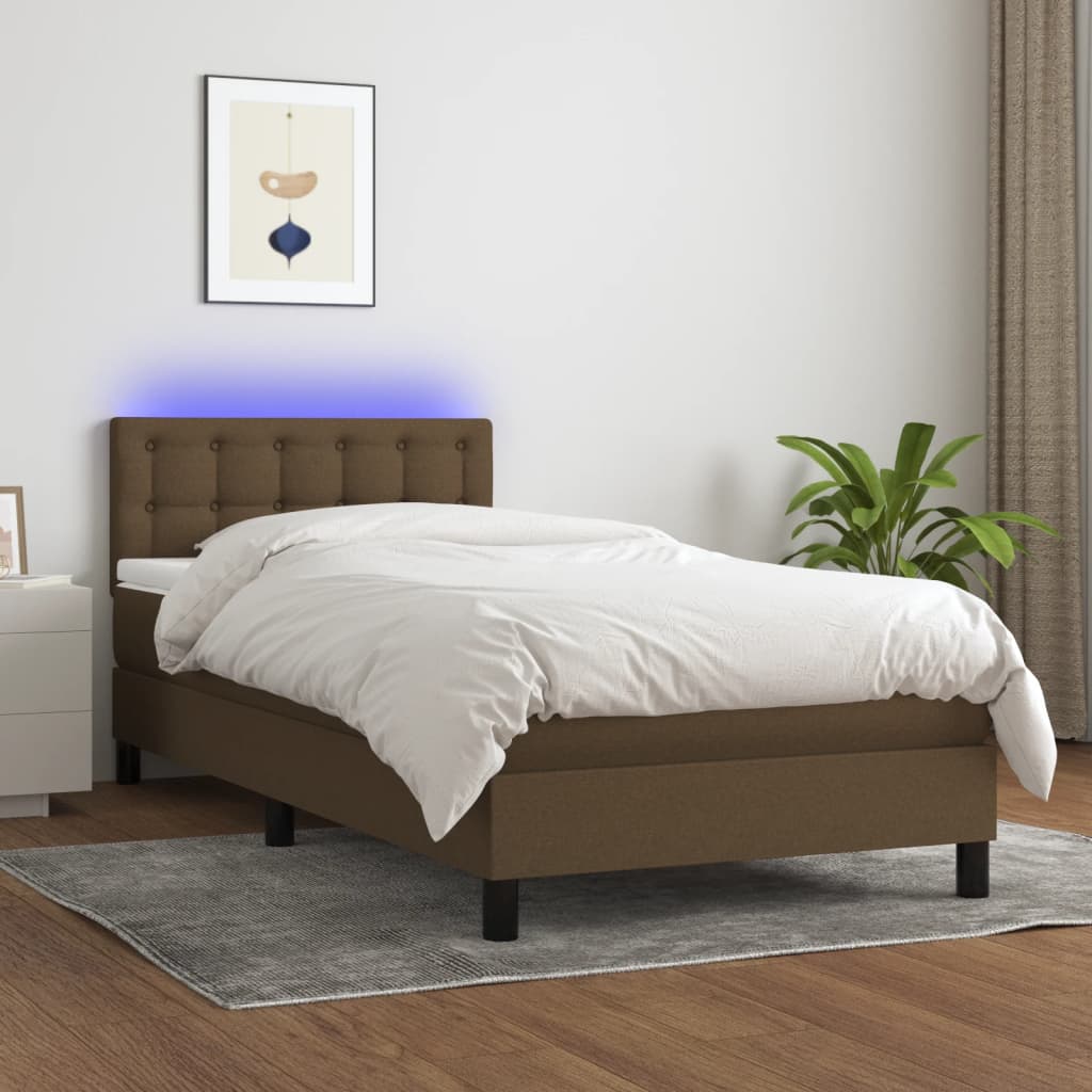 vidaXL Pat cu arcuri, saltea și LED, maro închis, 80x200 cm, textil vidaXL Pat cu arcuri, saltea și LED, maro închis, 80x200 cm, textil