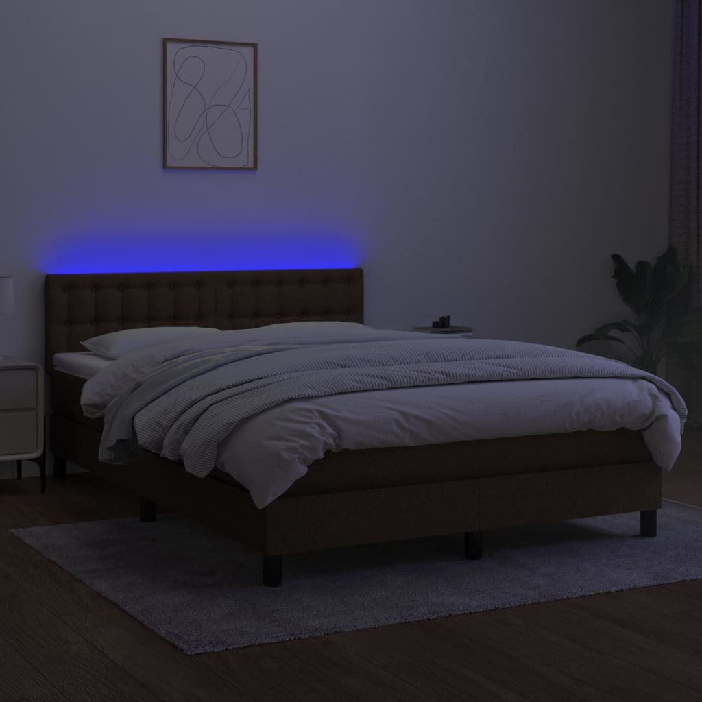 vidaXL Pat cu arcuri, saltea și LED, maro închis, 140x190 cm, textil