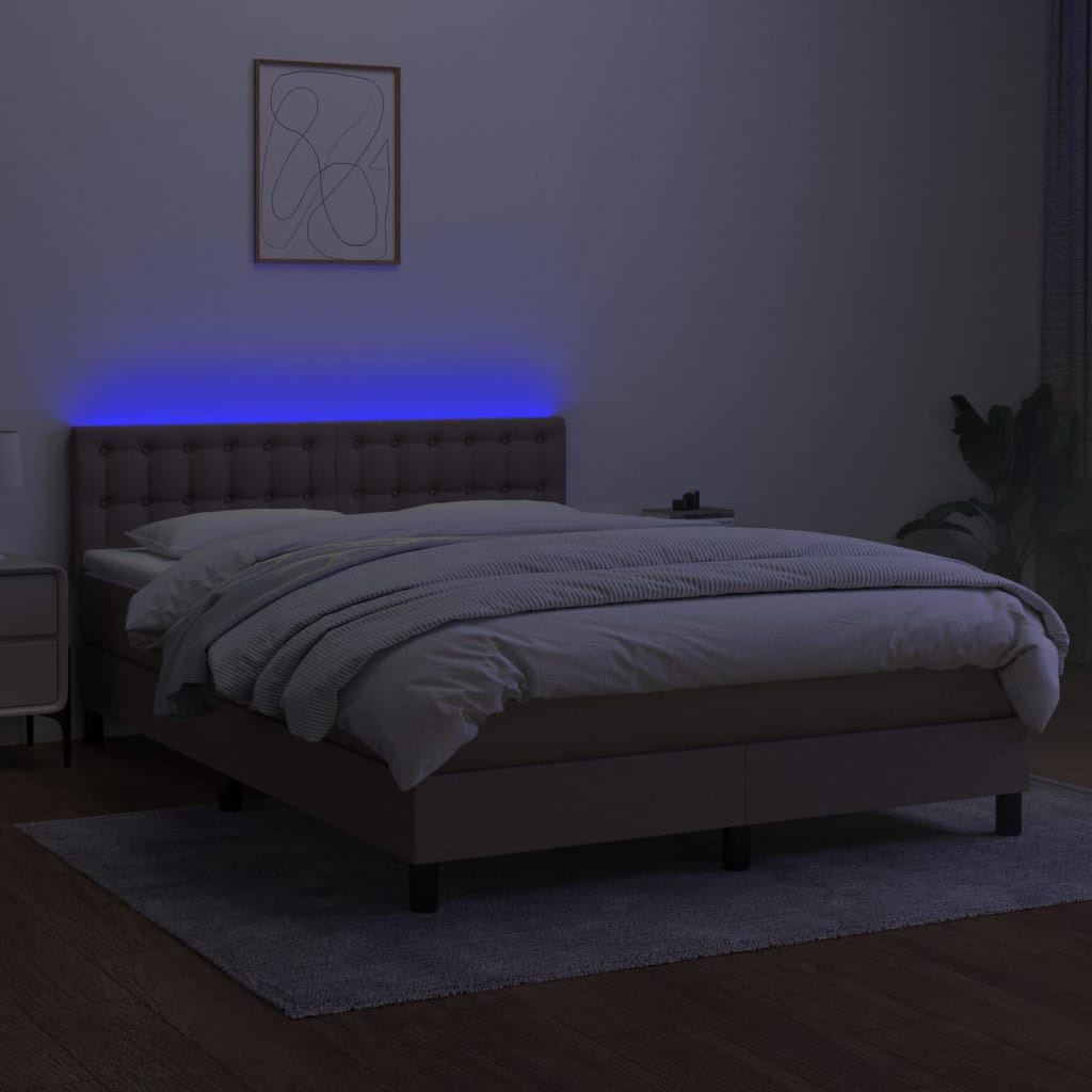 vidaXL Pat cu arcuri, saltea și LED, gri taupe, 140x190 cm, textil