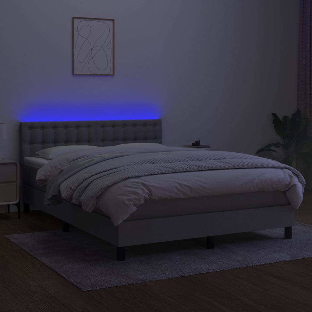 vidaXL Pat cu arcuri, saltea și LED, gri deschis, 140x200 cm, textil