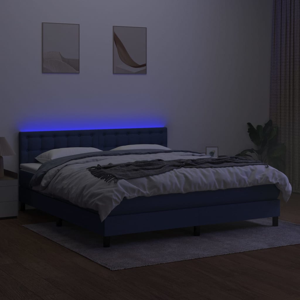 vidaXL Pat cu arcuri, saltea și LED, albastru, 160x200 cm, textil
