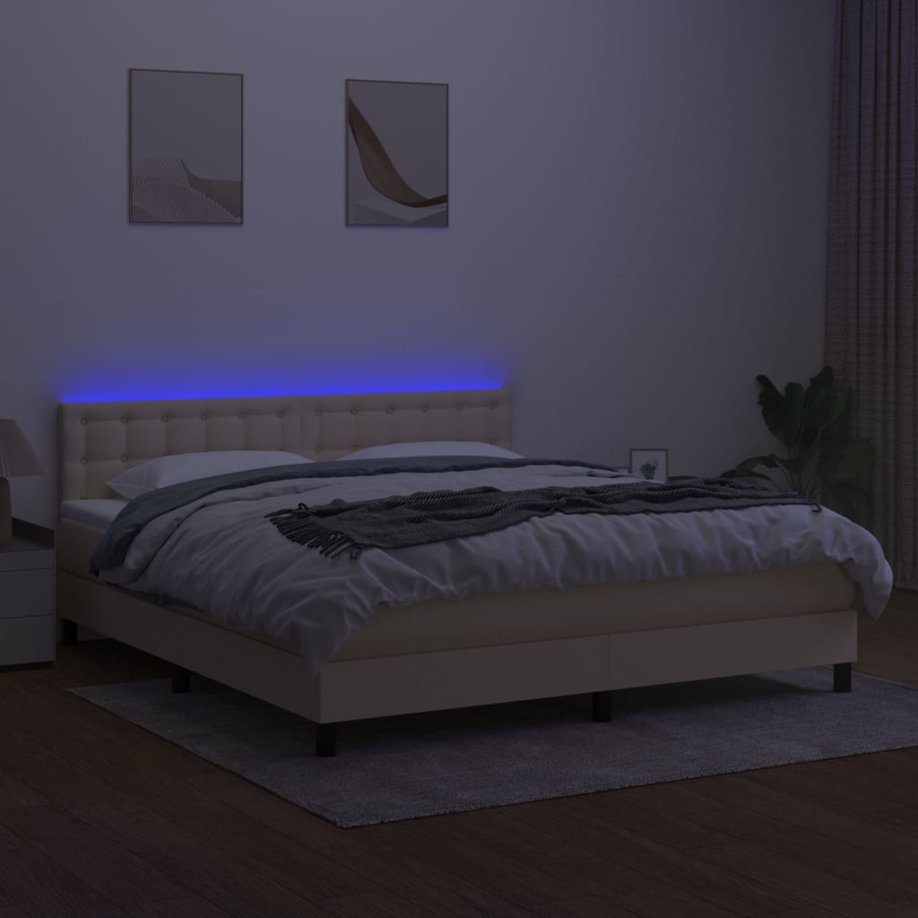 vidaXL Pat cu arcuri, saltea și LED, crem, 180x200 cm, textil
