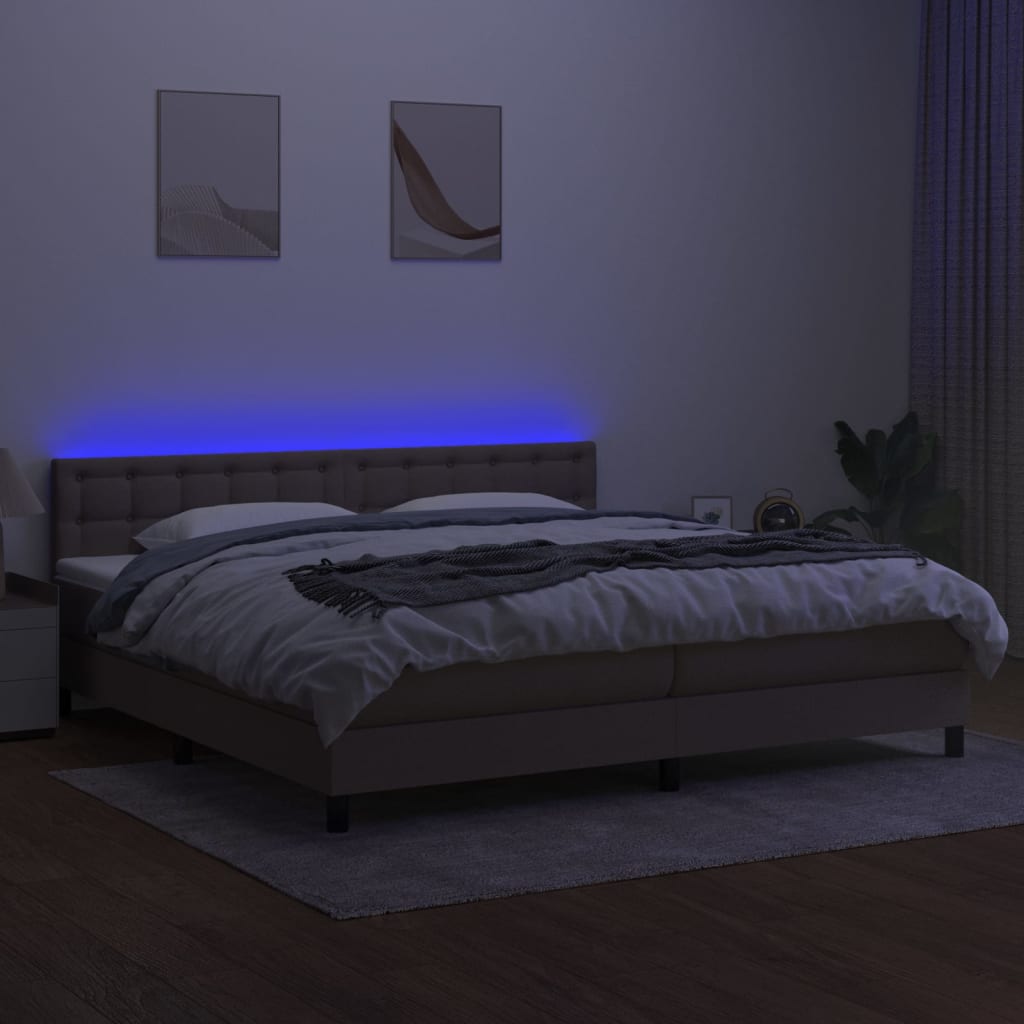 vidaXL Pat cu arcuri, saltea și LED, gri taupe, 200x200 cm, textil