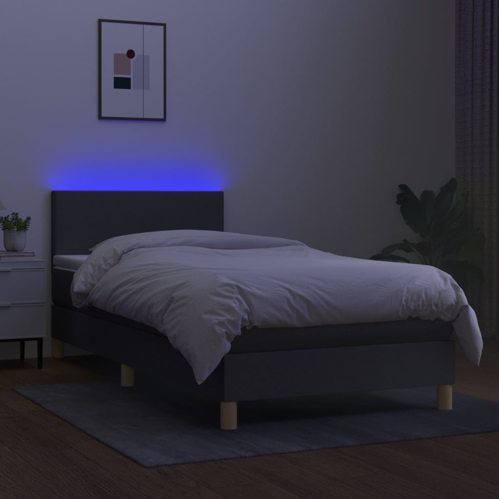 vidaXL Pat cu arcuri, saltea și LED, maro închis, 90x200 cm, textil