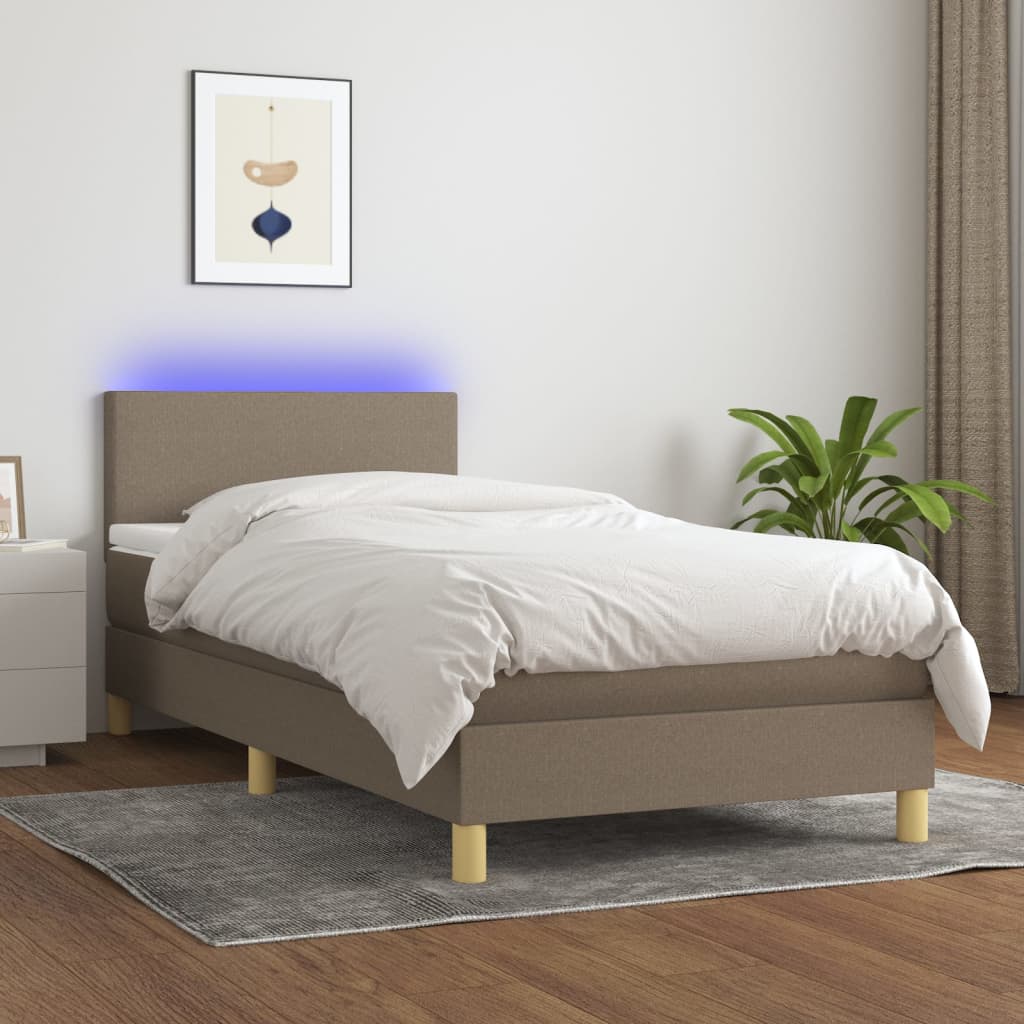 vidaXL Pat cu arcuri, saltea și LED, gri taupe, 90x200 cm, textil vidaXL Pat cu arcuri, saltea și LED, gri taupe, 90x200 cm, textil