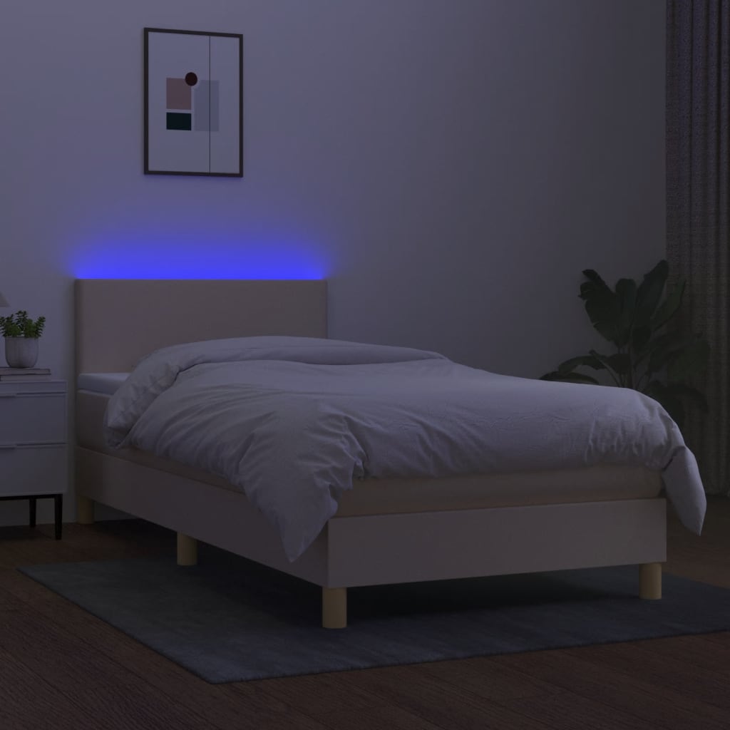 vidaXL Pat cu arcuri, saltea și LED, crem, 90x200 cm, textil vidaXL Pat cu arcuri, saltea și LED, crem, 90x200 cm, textil