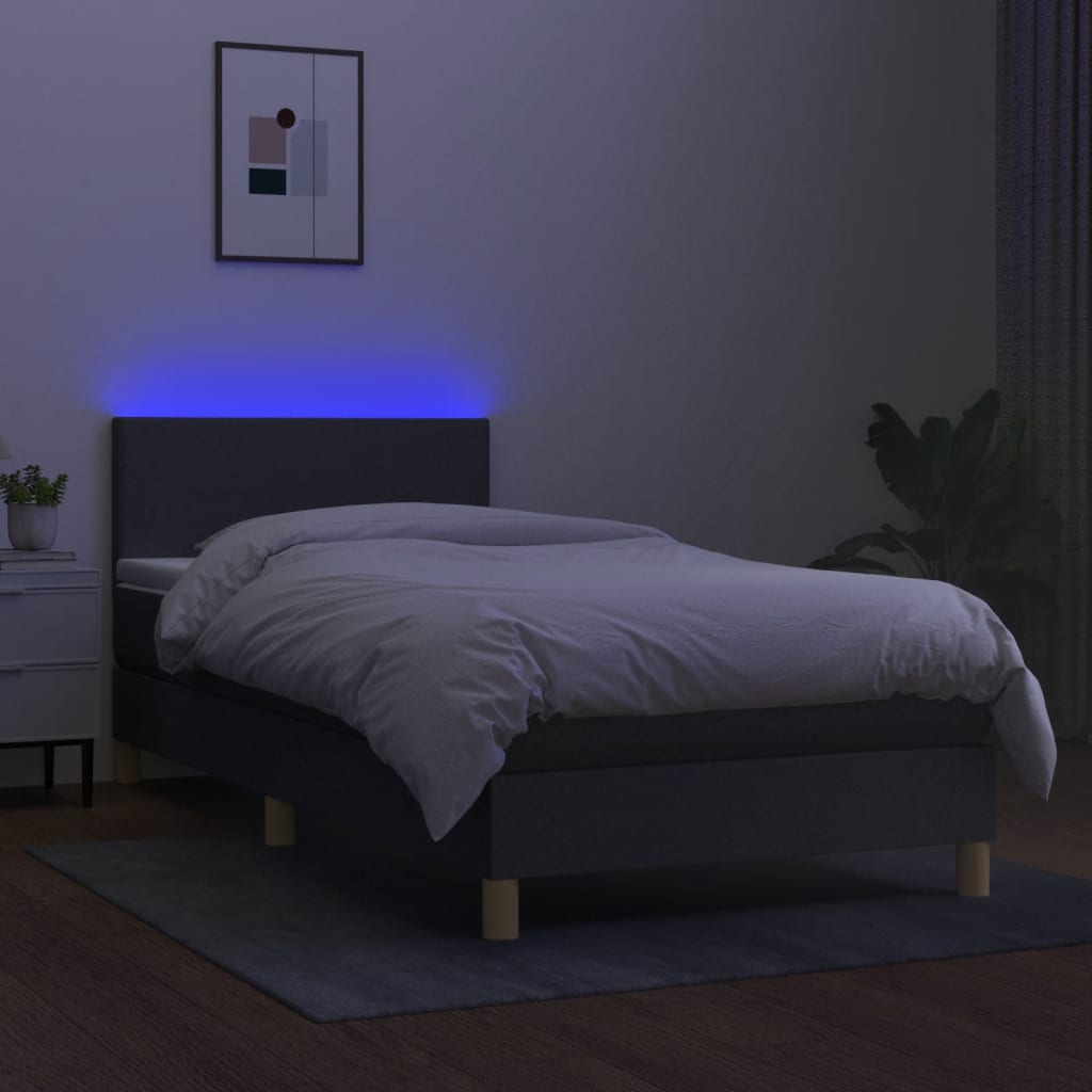 vidaXL Pat cu arcuri, saltea și LED, gri închis, 100x200 cm, textil