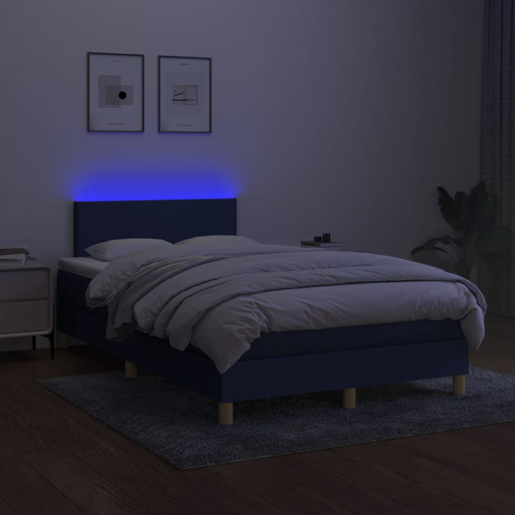 vidaXL Pat cu arcuri, saltea și LED, albastru, 120x200 cm, textil
