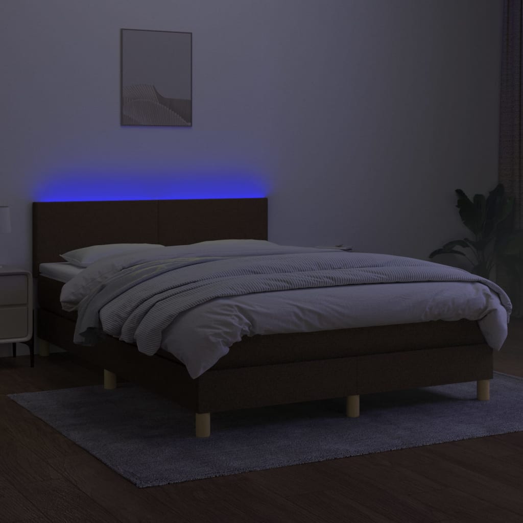 vidaXL Pat cu arcuri, saltea și LED, maro închis, 140x190 cm, textil vidaXL Pat cu arcuri, saltea și LED, maro închis, 140x190 cm, textil