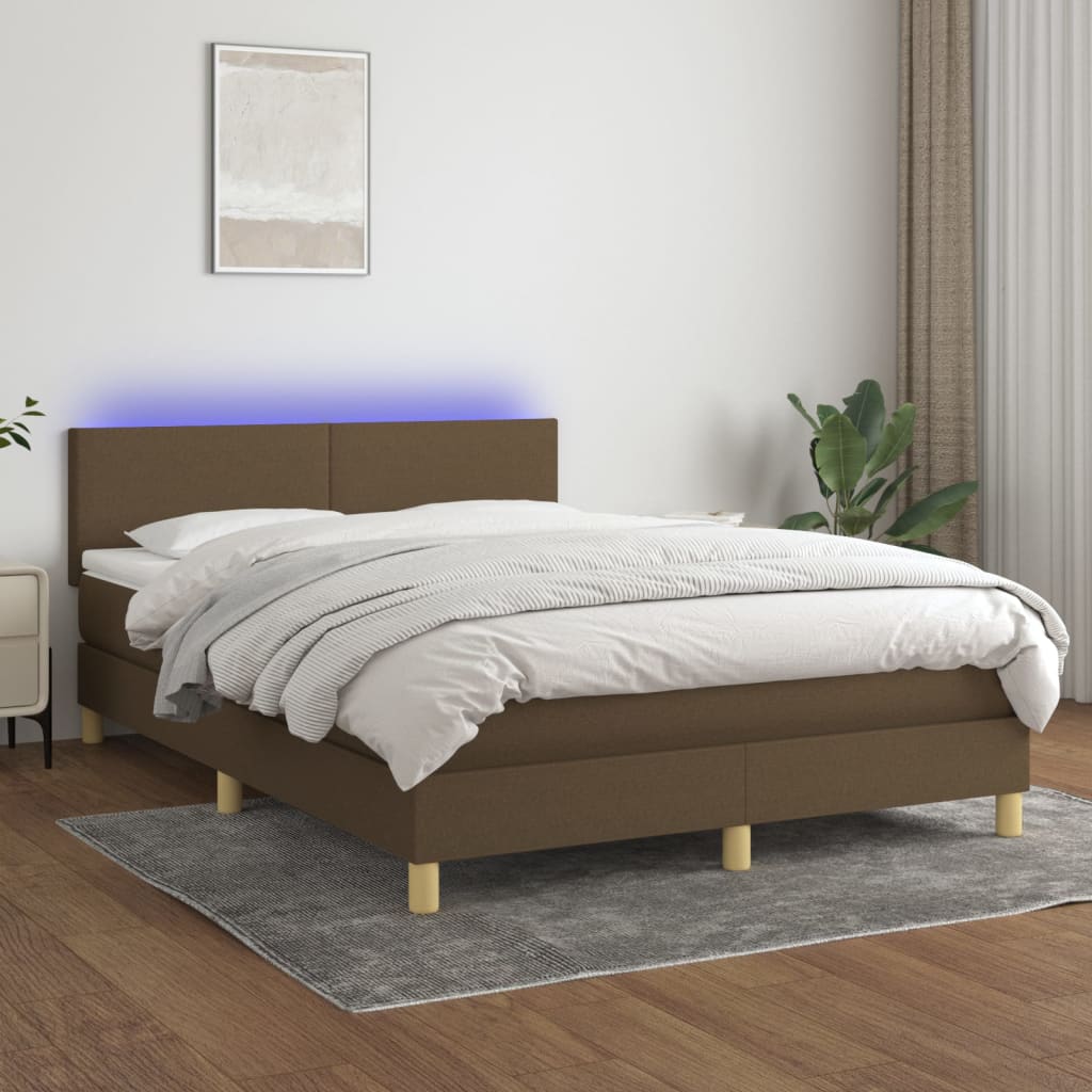 vidaXL Pat cu arcuri, saltea și LED, maro închis, 140x190 cm, textil vidaXL Pat cu arcuri, saltea și LED, maro închis, 140x190 cm, textil
