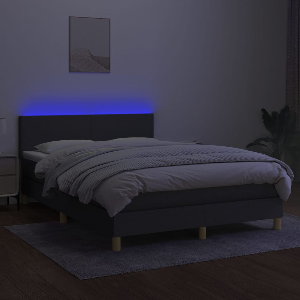 vidaXL Pat cu arcuri, saltea și LED, gri închis, 140x200 cm, textil