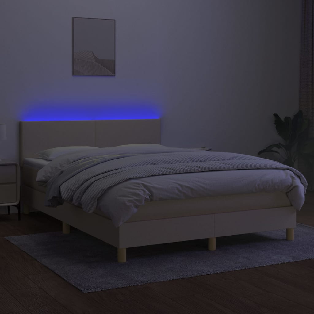 vidaXL Pat cu arcuri, saltea și LED, crem, 140x200 cm, textil
