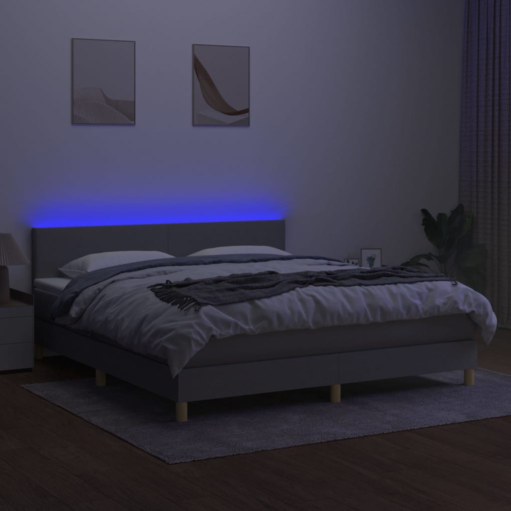 vidaXL Pat cu arcuri, saltea și LED, gri deschis, 180x200 cm, textil