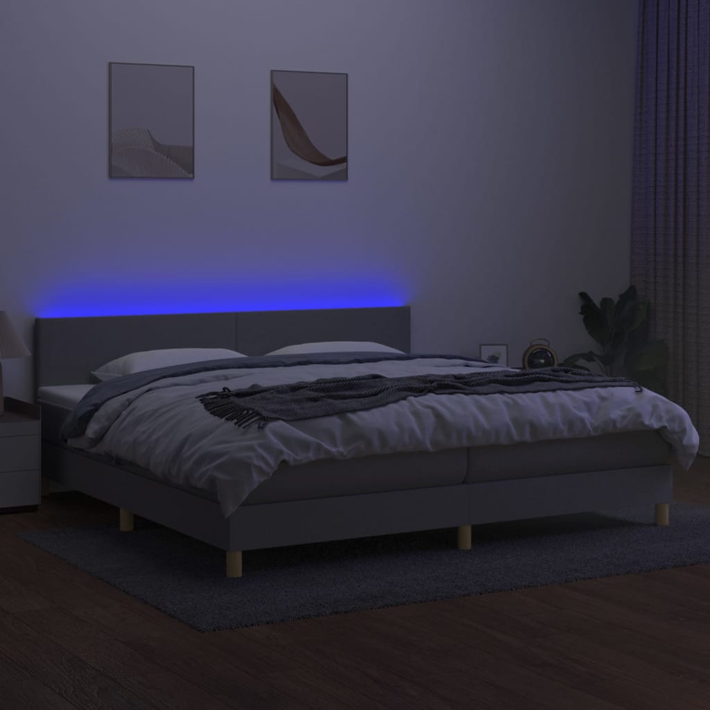 vidaXL Pat cu arcuri, saltea și LED, gri deschis, 200x200 cm, textil