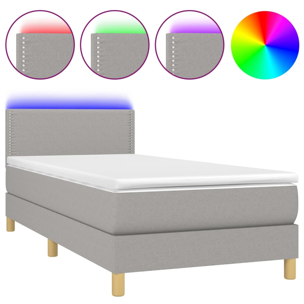 vidaXL Pat cu arcuri, saltea și LED, gri deschis, 90x200 cm, textil vidaXL Pat cu arcuri, saltea și LED, gri deschis, 90x200 cm, textil