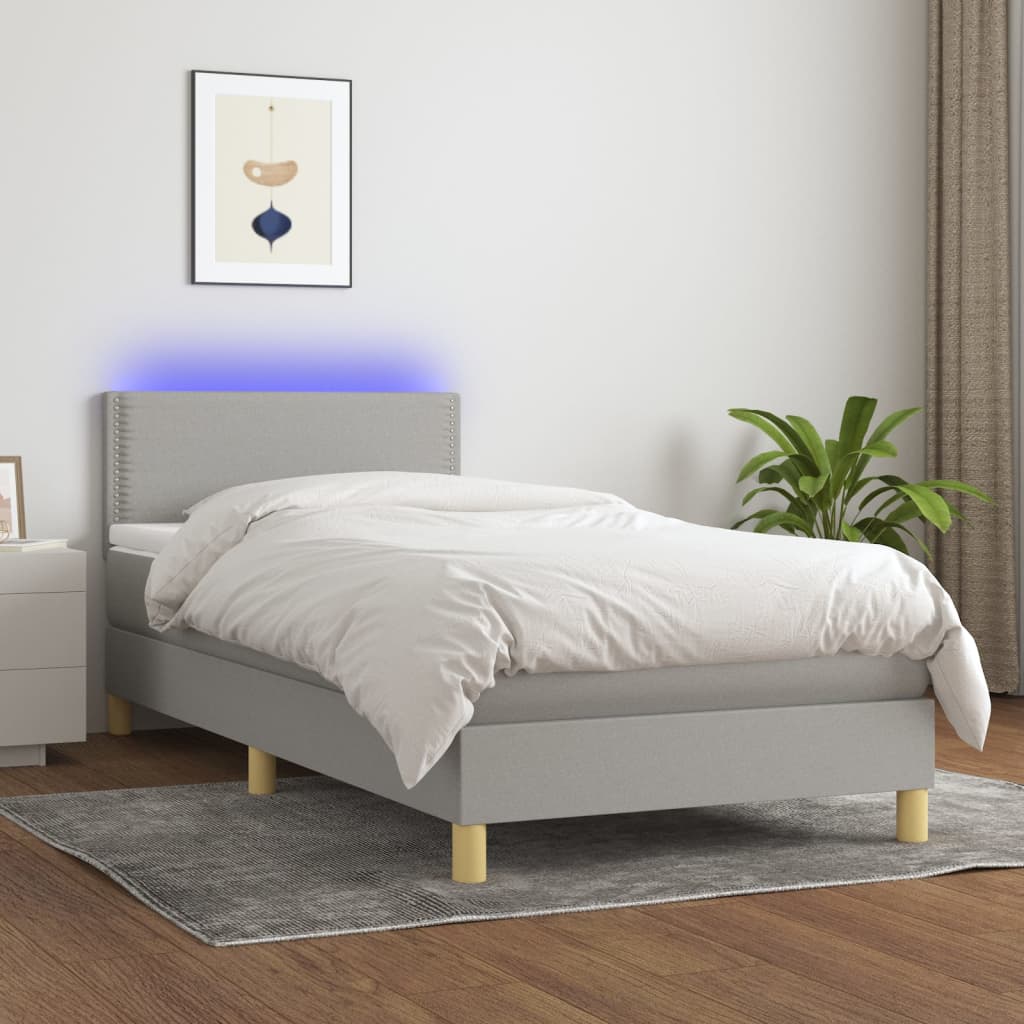 vidaXL Pat cu arcuri, saltea și LED, gri deschis, 90x200 cm, textil vidaXL Pat cu arcuri, saltea și LED, gri deschis, 90x200 cm, textil