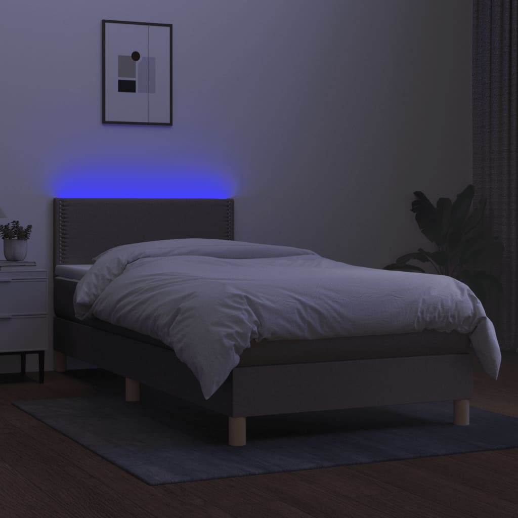 vidaXL Pat cu arcuri, saltea și LED, gri taupe, 90x200 cm, textil