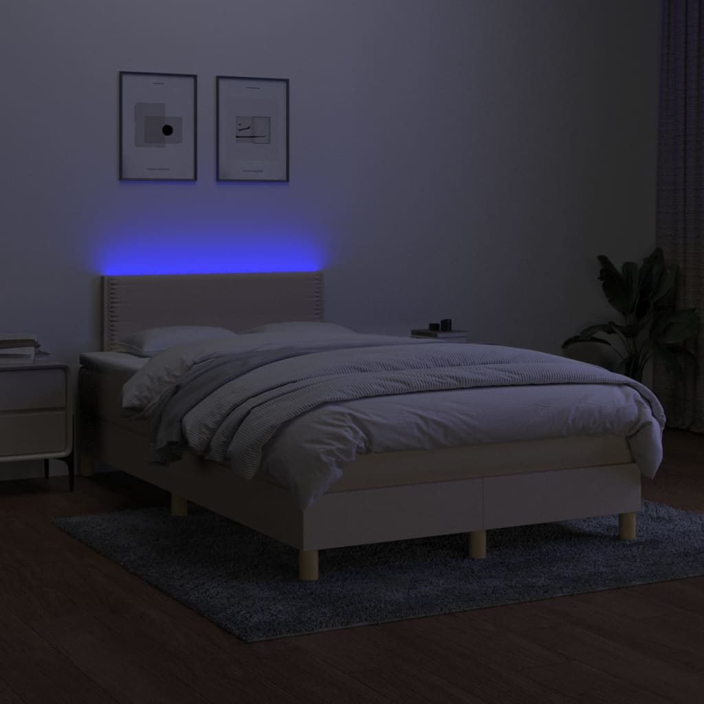 vidaXL Pat cu arcuri, saltea și LED, crem, 120x200 cm, textil
