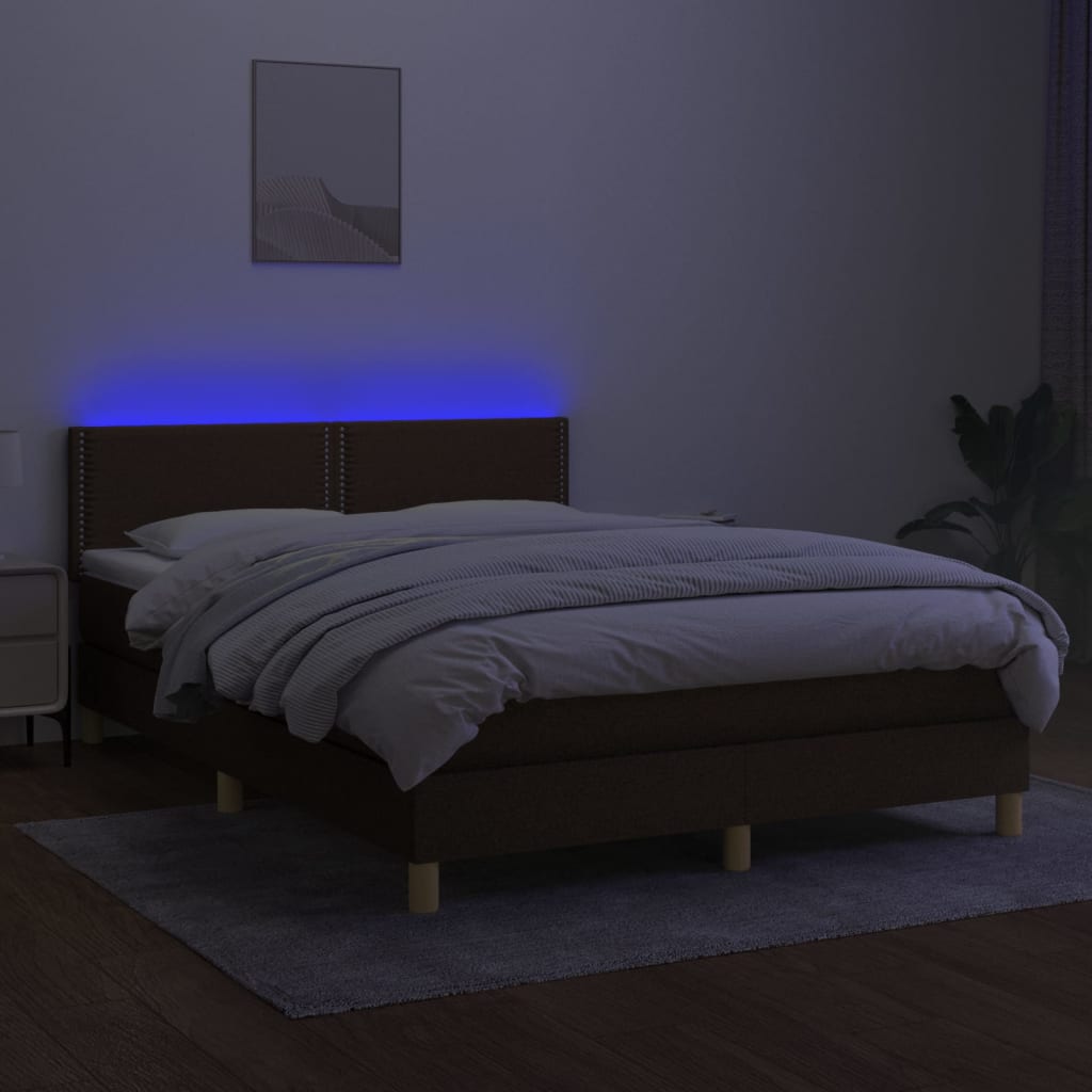 vidaXL Pat cu arcuri, saltea și LED, maro închis, 140x190 cm, textil