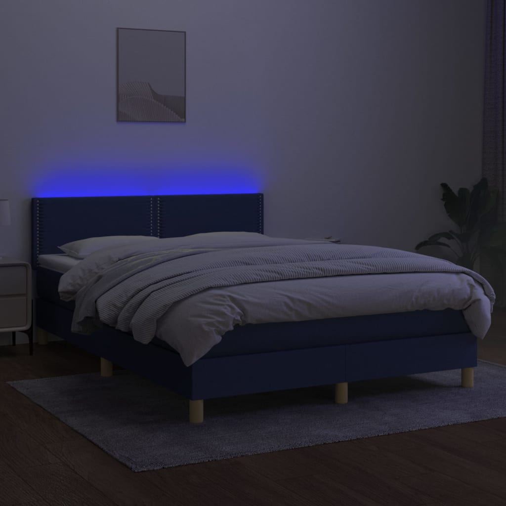 vidaXL Pat cu arcuri, saltea și LED, albastru, 140x190 cm, textil