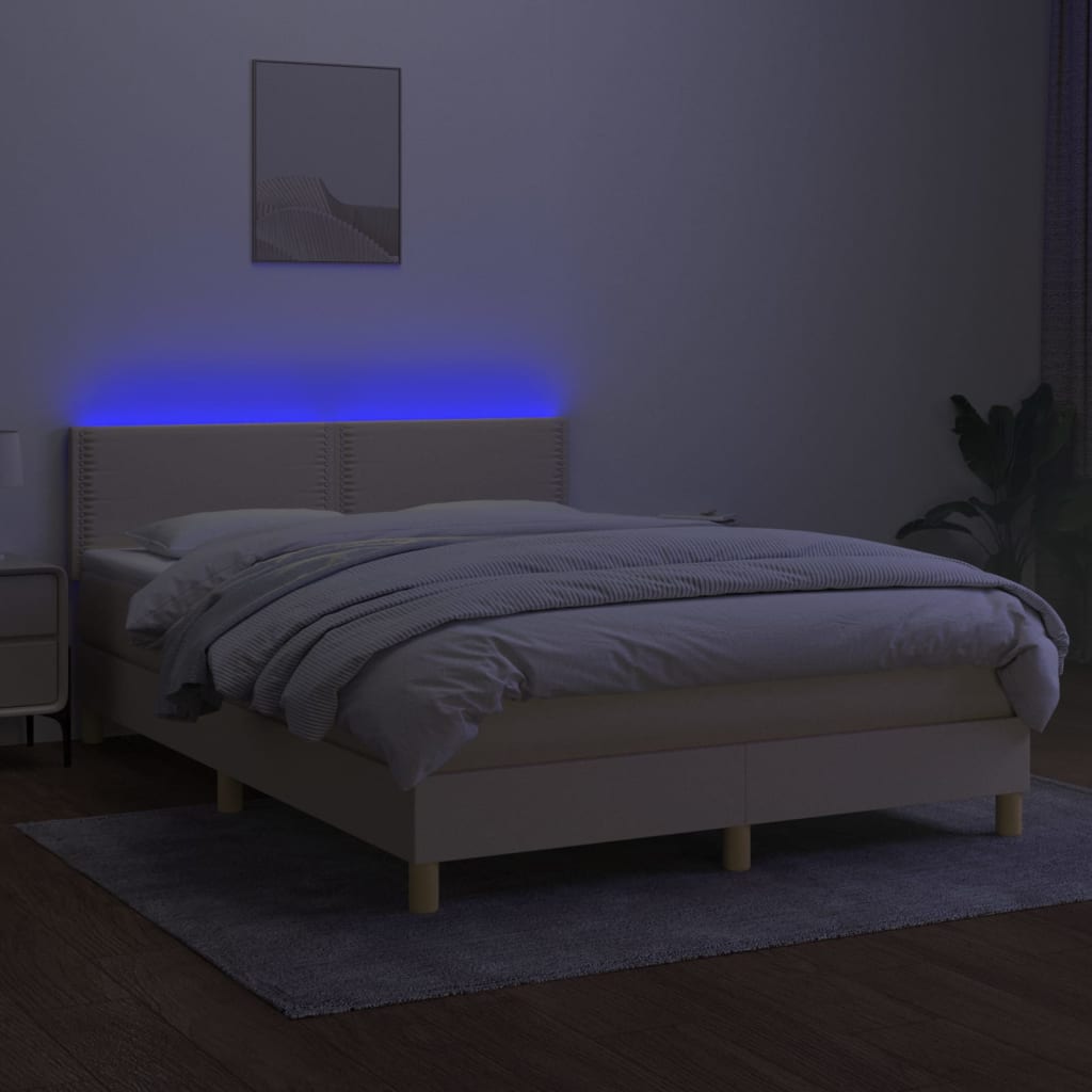 vidaXL Pat cu arcuri, saltea și LED, crem, 140x200 cm, textil