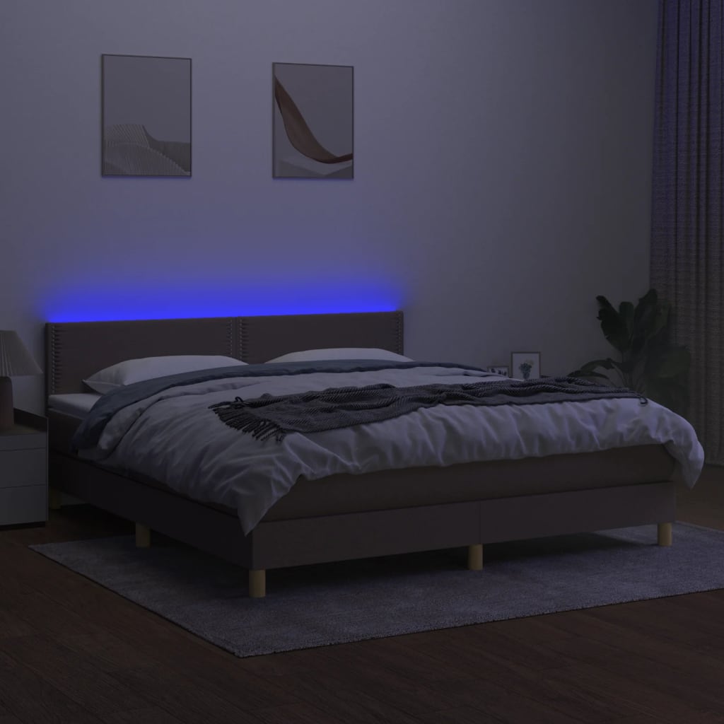 vidaXL Pat cu arcuri, saltea și LED, gri taupe, 180x200 cm, textil