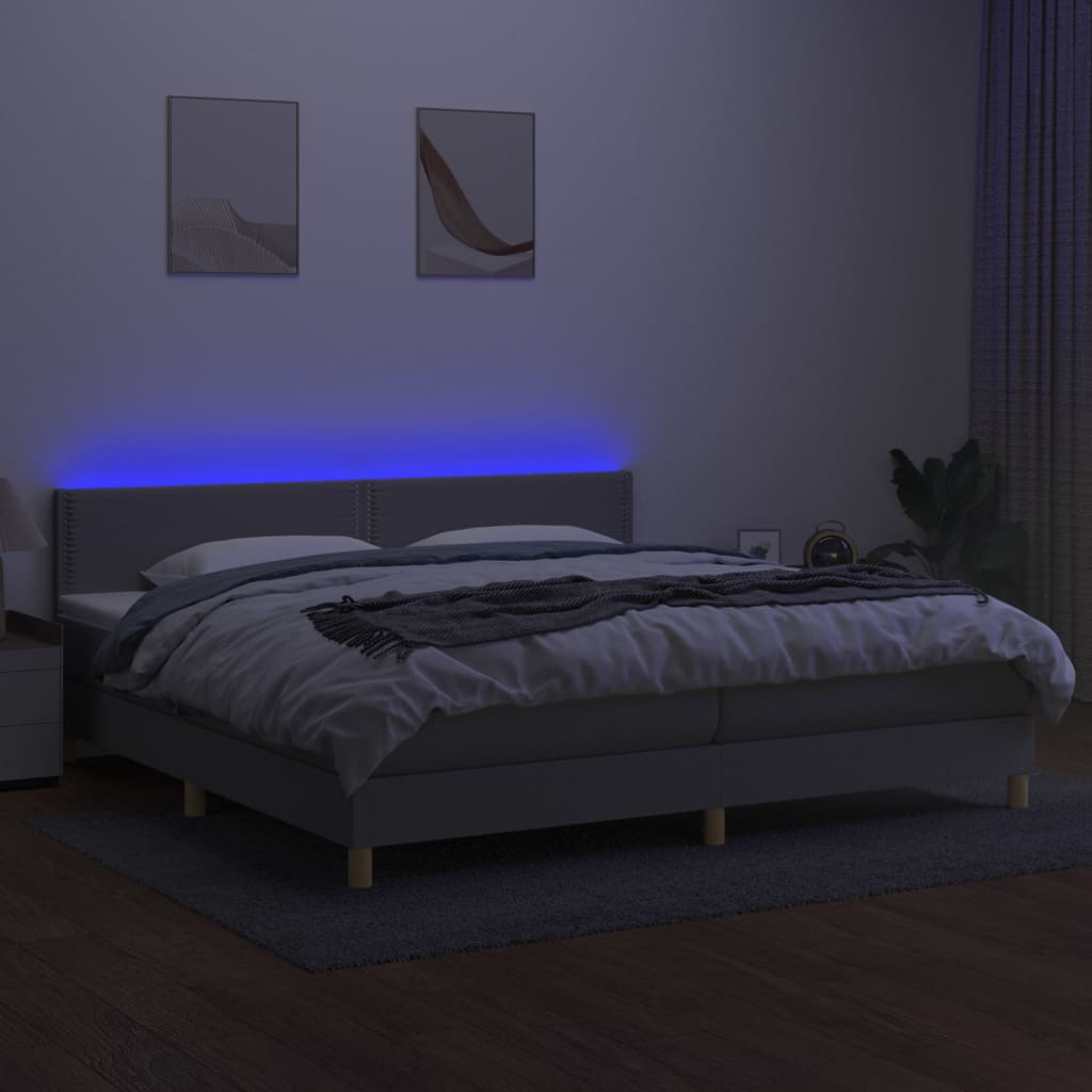 vidaXL Pat cu arcuri, saltea și LED, gri deschis, 200x200 cm, textil