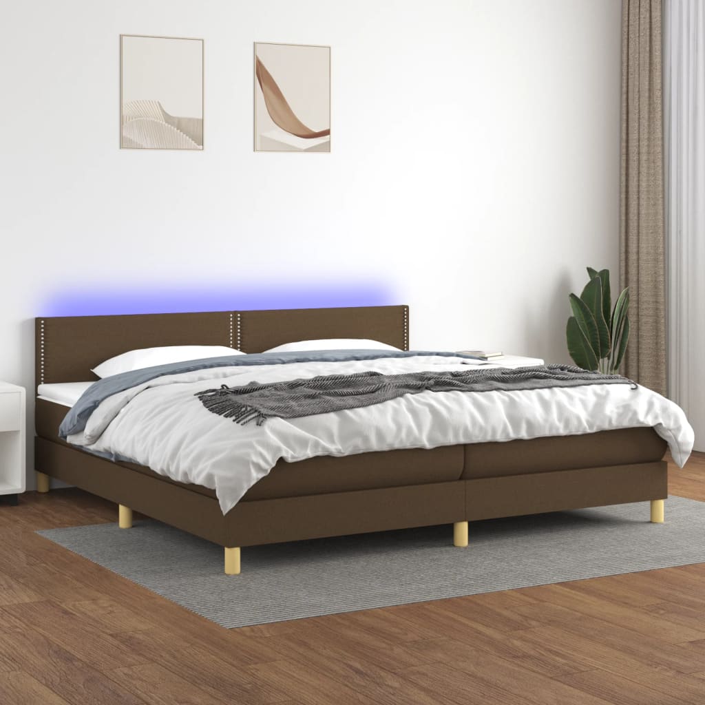 vidaXL Pat cu arcuri, saltea și LED, maro închis, 200x200 cm, textil