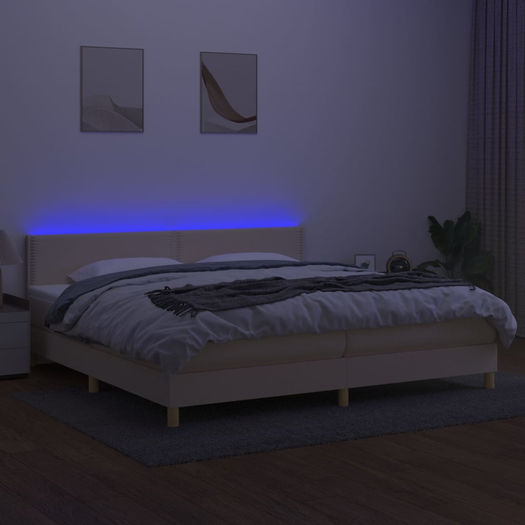 vidaXL Pat cu arcuri, saltea și LED, crem, 200x200 cm, textil
