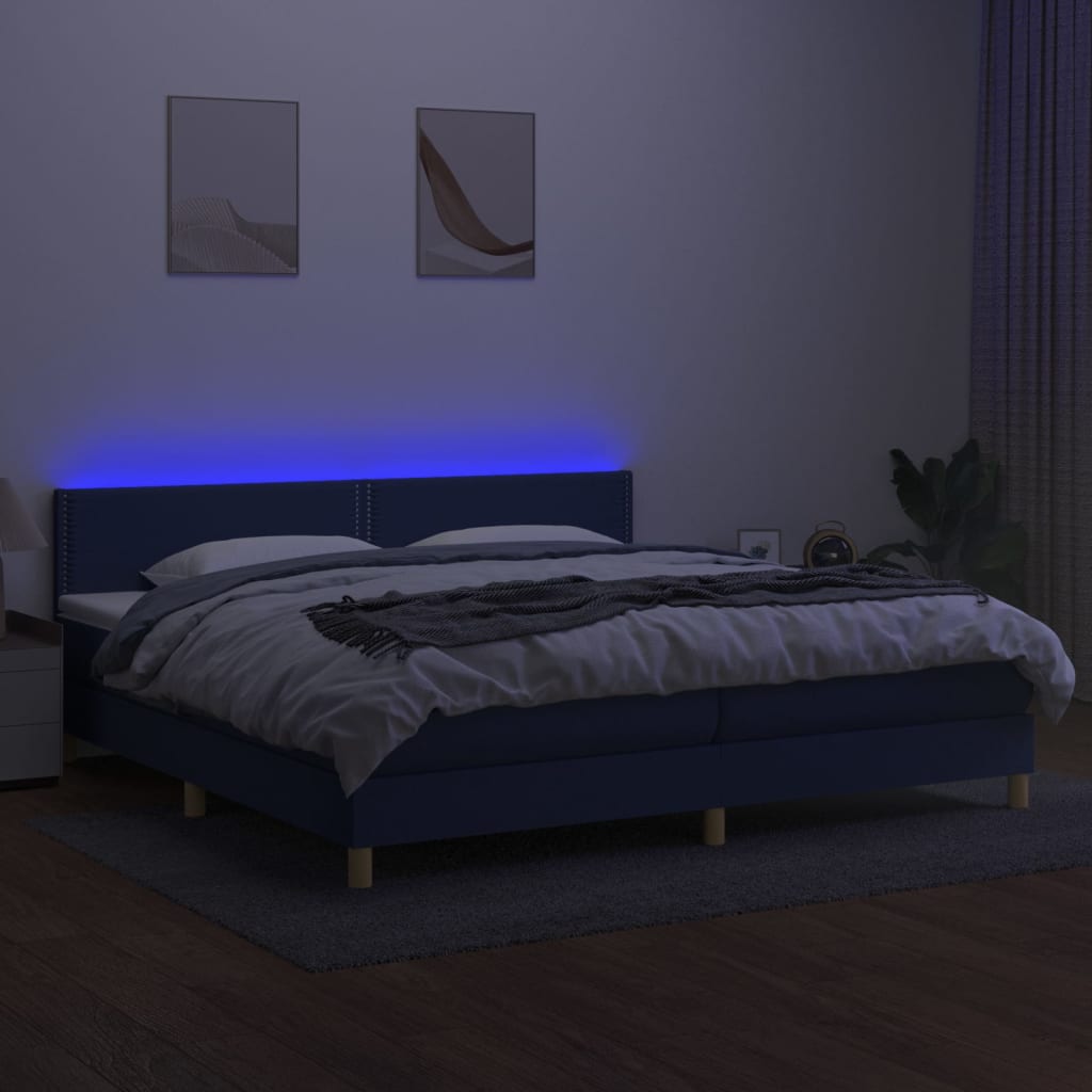 vidaXL Pat cu arcuri, saltea și LED, albastru, 200x200 cm, textil