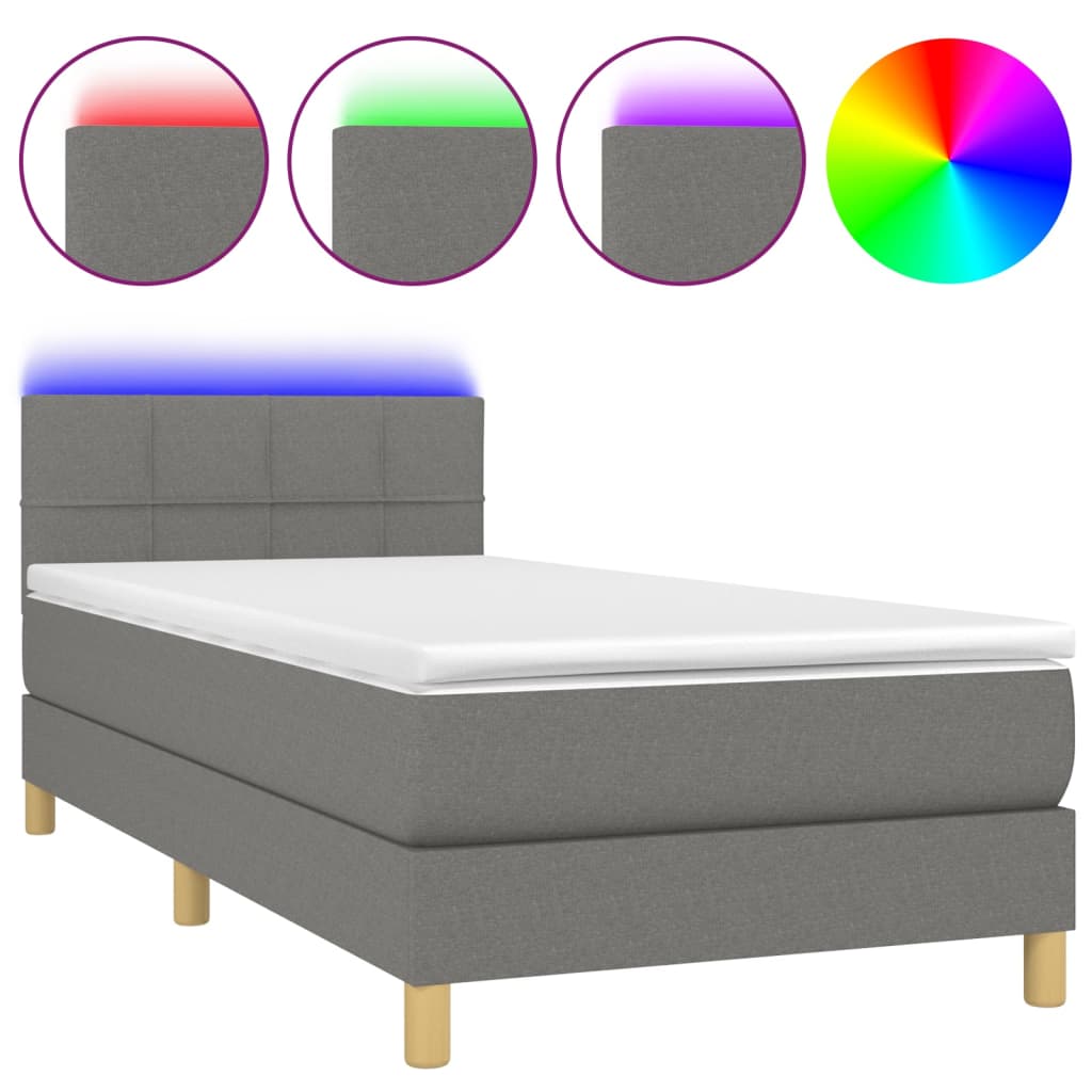 vidaXL Pat cu arcuri, saltea și LED, gri închis, 90x190 cm, textil