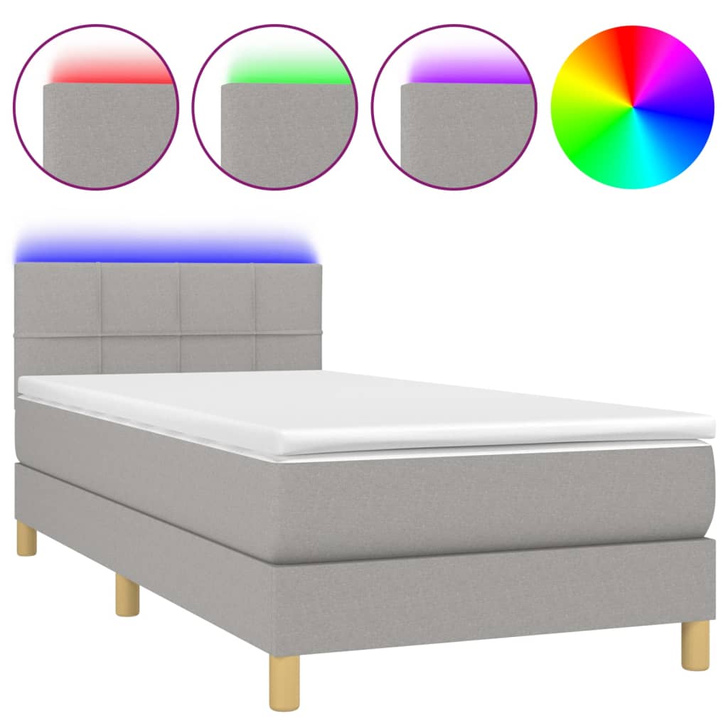 vidaXL Pat cu arcuri, saltea și LED, gri deschis, 90x200 cm, textil vidaXL Pat cu arcuri, saltea și LED, gri deschis, 90x200 cm, textil