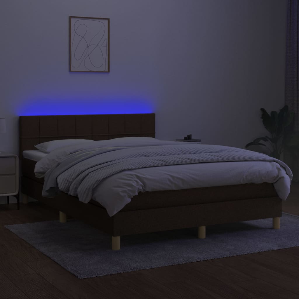 vidaXL Pat cu arcuri, saltea și LED, maro închis, 140x190 cm, textil vidaXL Pat cu arcuri, saltea și LED, maro închis, 140x190 cm, textil