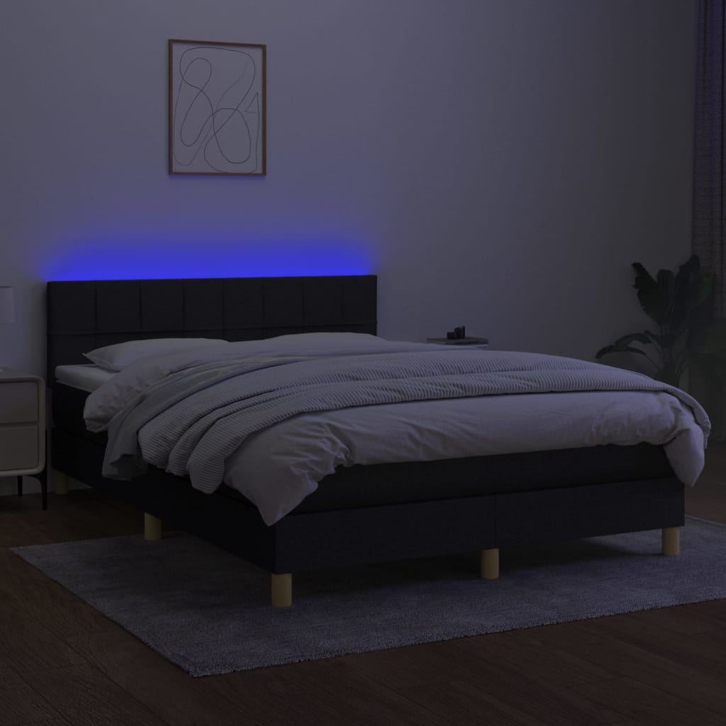 vidaXL Pat cu arcuri, saltea și LED, negru, 140x200 cm, textil