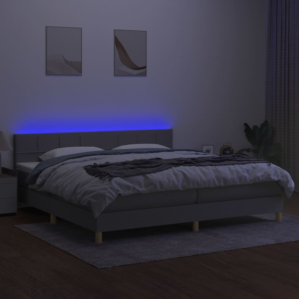 vidaXL Pat cu arcuri, saltea și LED, gri deschis, 200x200 cm, textil