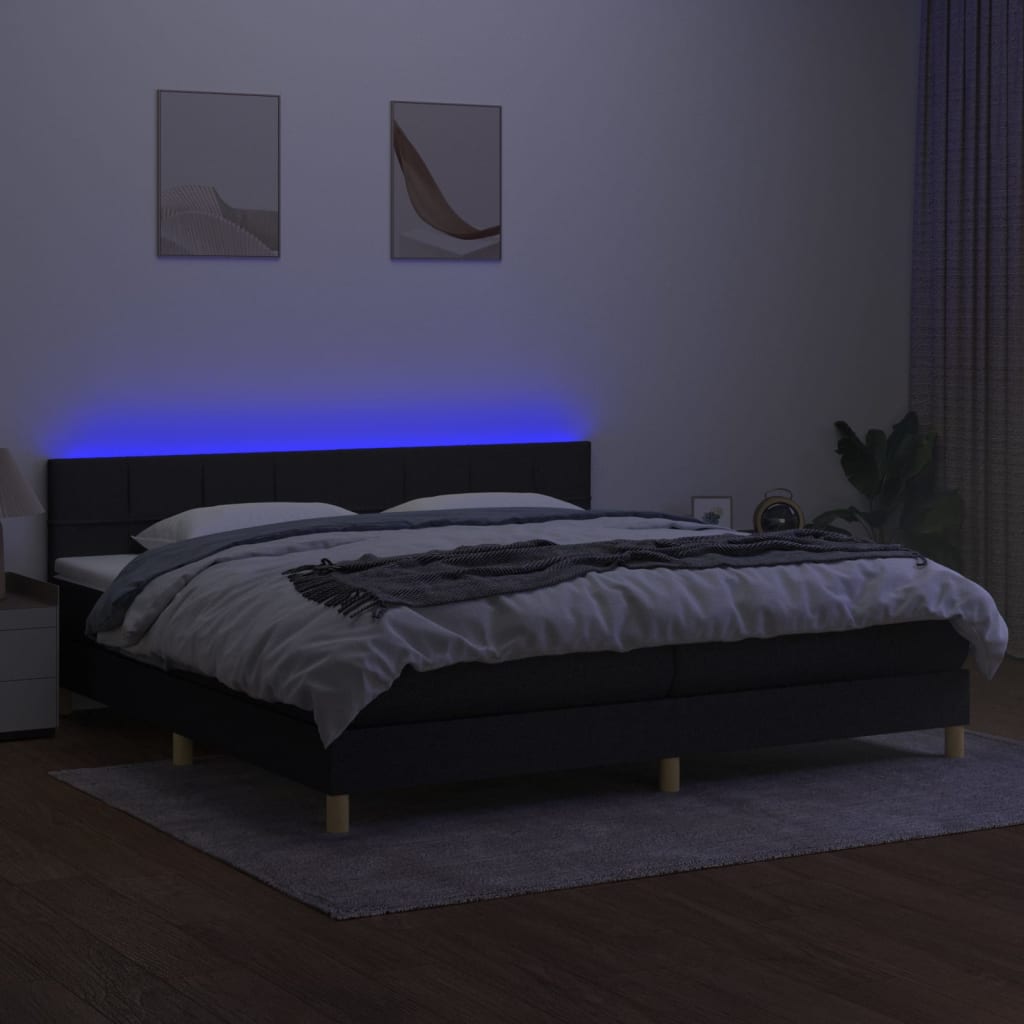 vidaXL Pat cu arcuri, saltea și LED, negru, 200x200 cm, textil