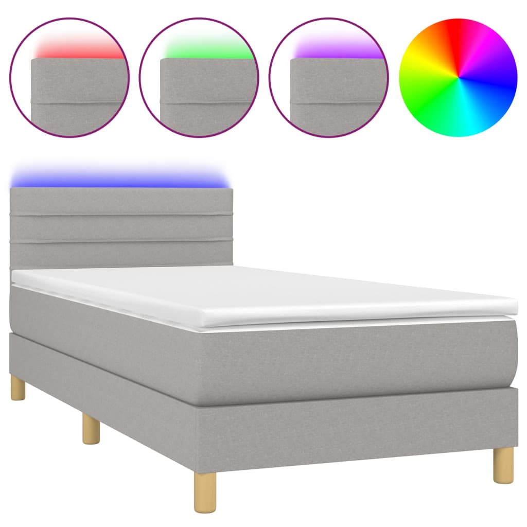 vidaXL Pat cu arcuri, saltea și LED, gri deschis, 90x200 cm, textil vidaXL Pat cu arcuri, saltea și LED, gri deschis, 90x200 cm, textil