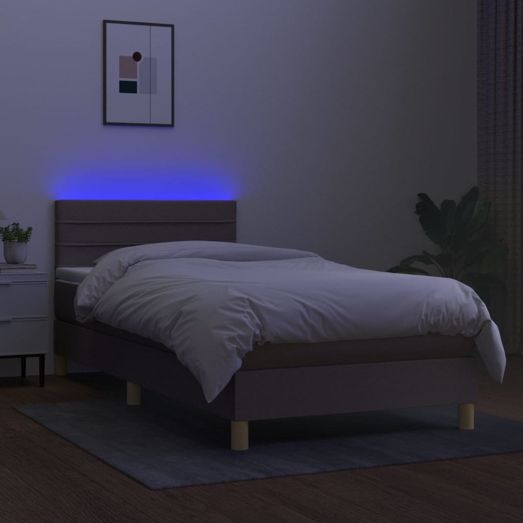 vidaXL Pat cu arcuri, saltea și LED, gri taupe, 90x200 cm, textil